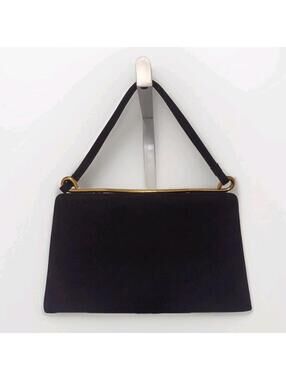 Vintage 60s 70s Black Faux Suede Evening Bag Gold Frame EXO Hardware 11x7x3.5